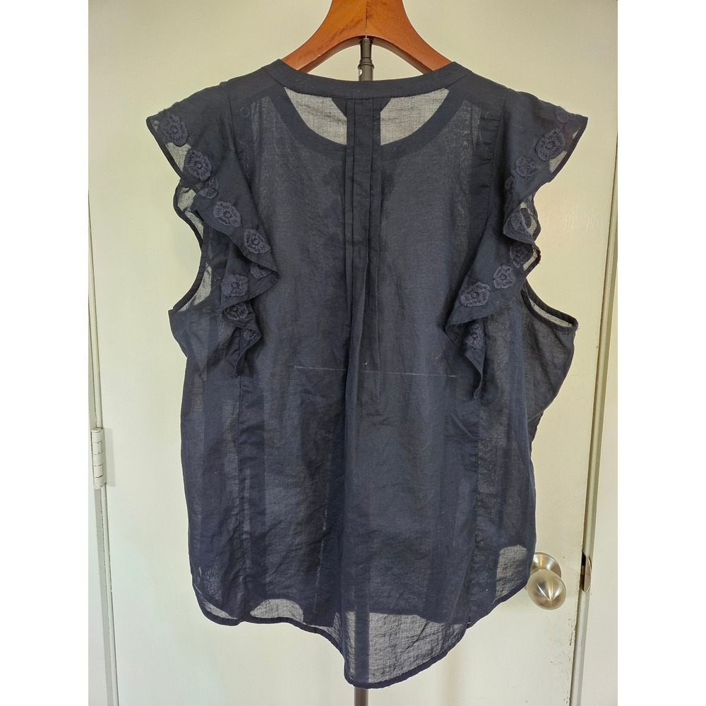 J.Crew Ruffle Sleeve Embroidered Top Womens 14 Navy Blue Cottagecore Romantic - Picture 2 of 8
